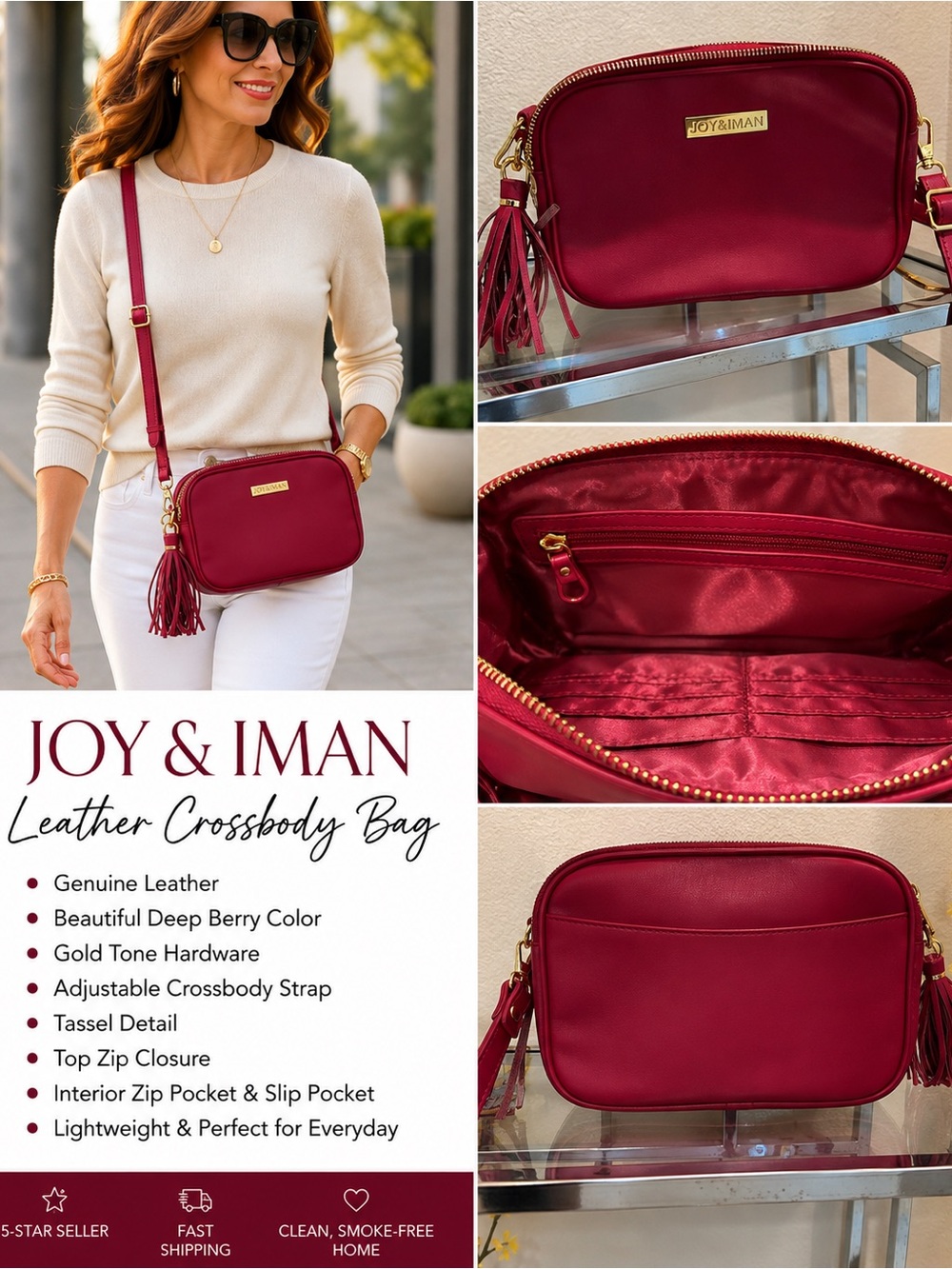 Joy & Iman Deep Berry Leather Crossbody with Tassel